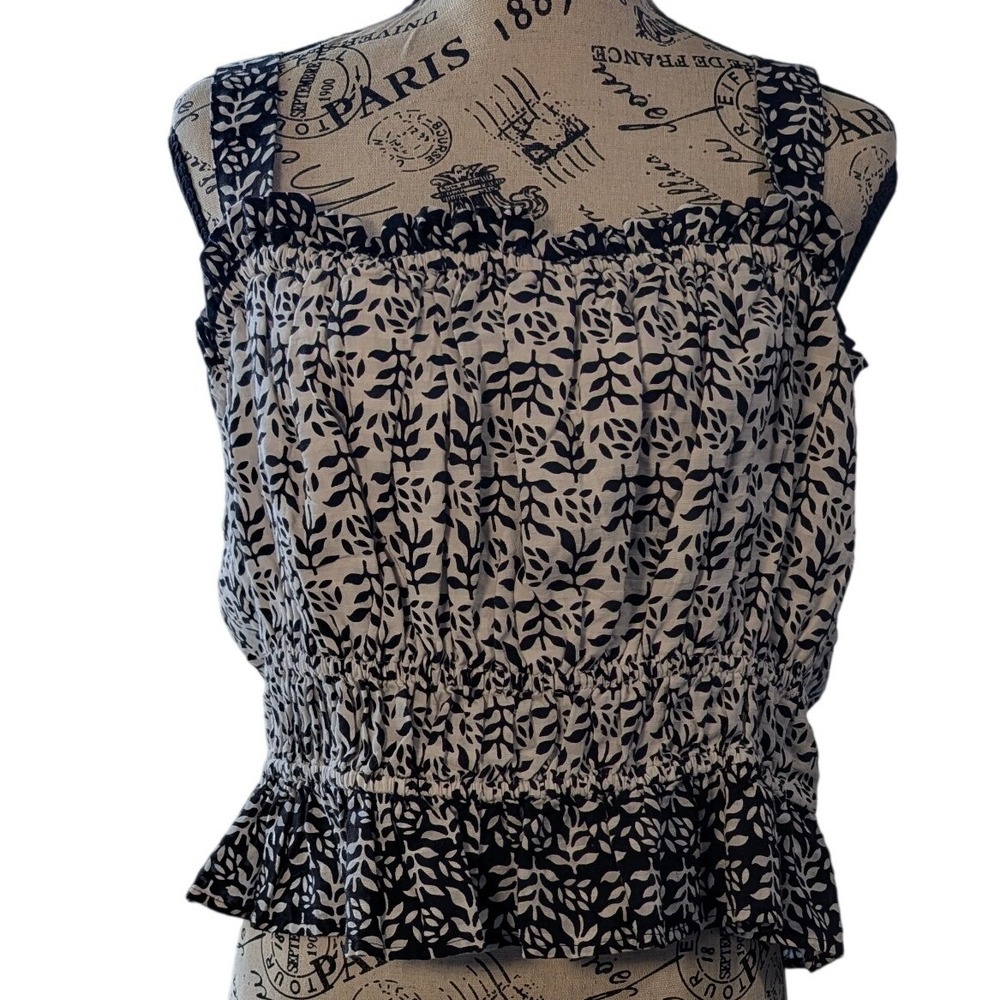 LOFT Womens XL Black White Botanical Leaf Print Smocked Peplum Cotton Tank Top